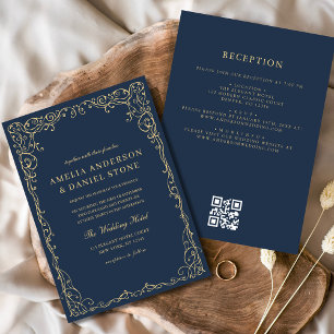 QR Code Navy Blue Gold Minimal Wedding Invitation