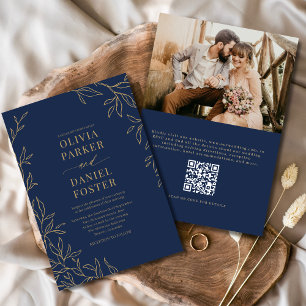 QR Code Navy Blue Gold Photo Elegant Wedding Invitation