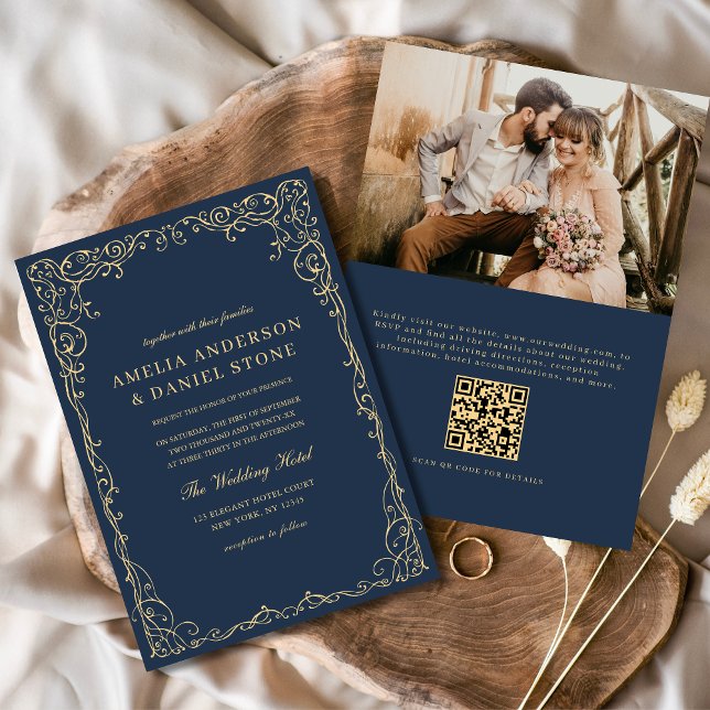 QR Code Navy Blue Gold Photo Minimalist Wedding Invitation (Creator Uploaded)