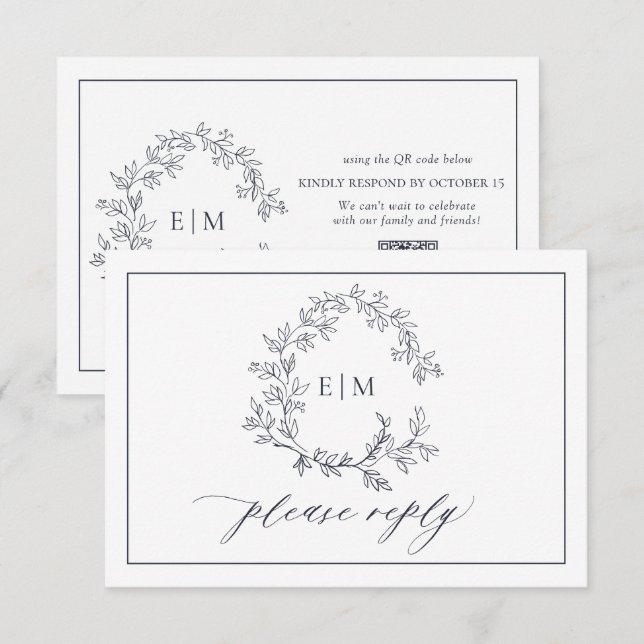 QR Code Navy Blue Leafy Crest Monogram Wedding RSVP Card (Front/Back)