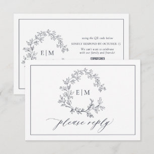 QR Code Navy Blue Leafy Crest Monogram Wedding RSVP Card