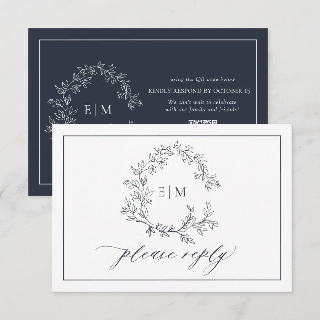 QR Code Navy Blue Leafy Crest Monogram Wedding RSVP Card (Front/Back)