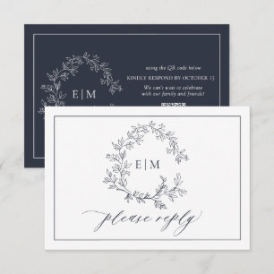 QR Code Navy Blue Leafy Crest Monogram Wedding RSVP Card