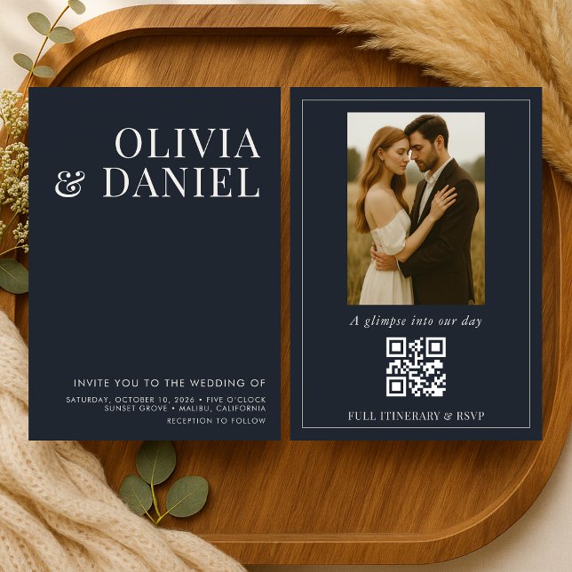 QR Code Navy Blue Minimalist Photo Wedding Invitation (Creator Uploaded)
