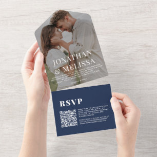 QR Code    Navy Blue Simple Overlay Photo Wedding All In One Invitation