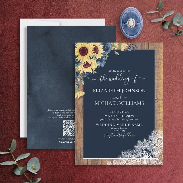 QR Code Navy Blue Sunflower Lace Script Wedding Invitation (Creator Uploaded)