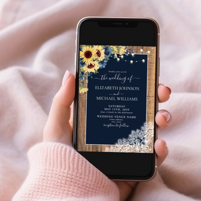 QR Code Navy Blue Sunflower Wood Lace Wedding Invitation (Creator Uploaded)
