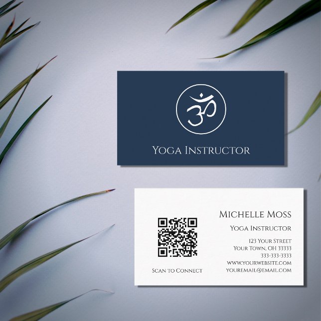 QR code Navy Blue Yoga Instructor Om Symbol  Business Card (Creator Uploaded)