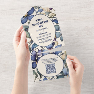 QR Code Navy light blue watercolor floral wedding All In One Invitation