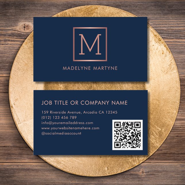  QR Code Navy Rose Gold Monogram Elegant Business Card (Creator Uploaded)