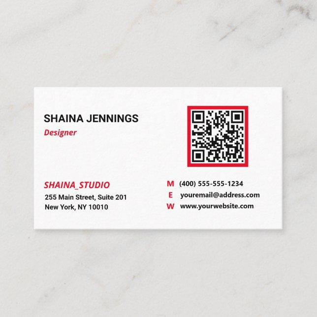 QR Code Networking Modern Black Red White Business Card (Front)