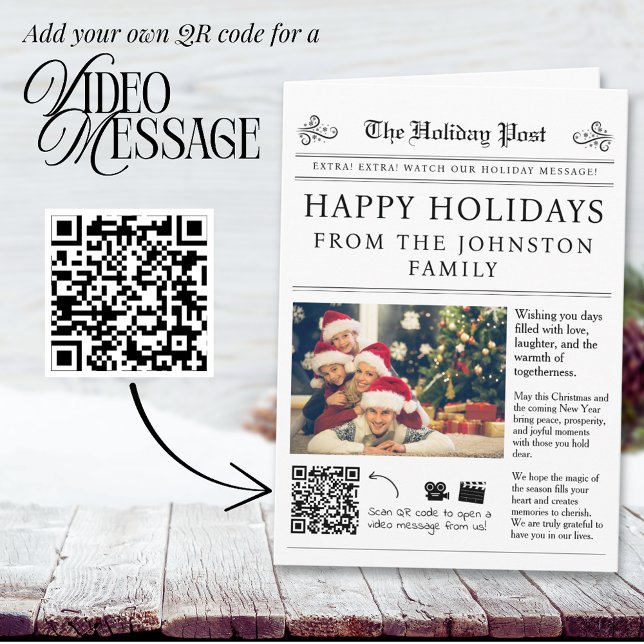 QR Code Newspaper Christmas Card  (Newspaper Christmas Card with QR code for your family video message)