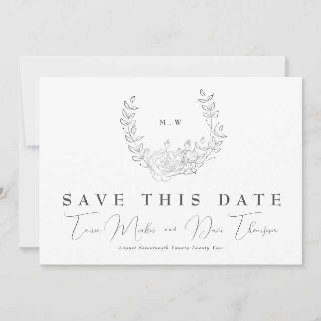 QR Code NON-PHOTO Subtle Wreath Monogram Wedding Save The Date (Front)
