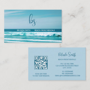 QR Code Ocean Wave Initials Business Card