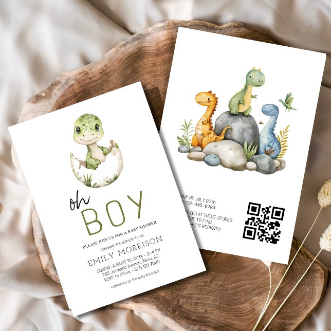 QR Code Oh Boy Dinosaur Baby Boy Shower Invitation (Creator Uploaded)