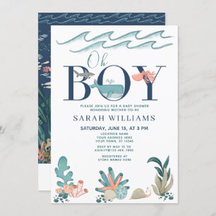 QR Code Oh Boy Under the Sea Blue Baby Shower Invitation