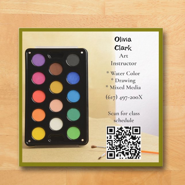 QR Code Olive Green Artist  Educator Art teacher  Square Business Card (Olive Green Art Business Card )