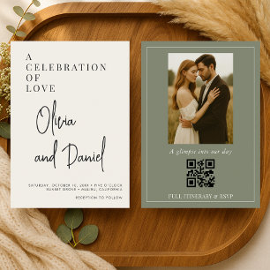 QR Code Olive Green Script Photo Wedding Invitation