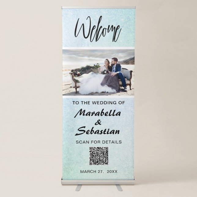 *~* QR Code Ombre Glitter Mint Wedding Welcome   Retractable Banner (Front)