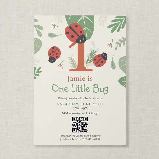 QR Code One Little Bug Ladybug First Birthday Invitation (One Little Bug - First Birthday Invitation with QR Code)