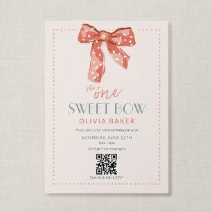 QR Code One Sweet Bow Pink Coquette First Birthday Invitation