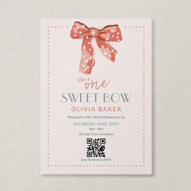 QR Code One Sweet Bow Pink Coquette First Birthday Invitation (Heirloom Bow - Coquette Theme First Birthday Invitation with QR Code)