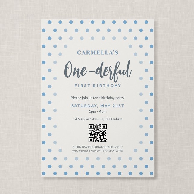 QR Code Onederful Blue Polka Dot First Birthday Invitation (Blue Polka Dot - Onderful First Birthday Invitation)