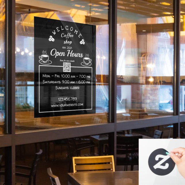 QR code open hours coffee shop sign- window clings (Restaurant Window)