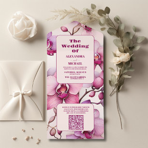 QR Code Opulent Watercolor Pink Orchid Wedding All In One Invitation