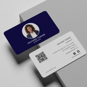 QR CODE or Logo Professional Headshot NAVY PHOTO  Business Card