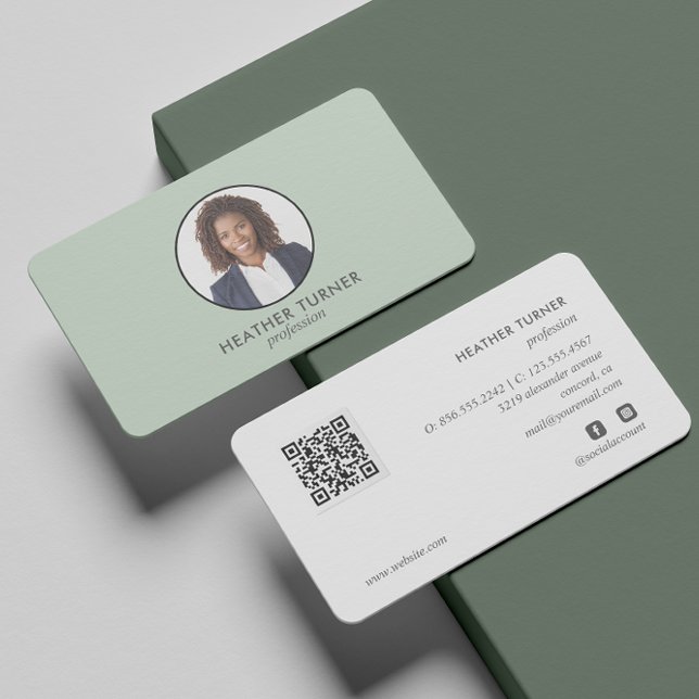 QR CODE or Logo Professional Headshot Photo Green Business Card (Creator Uploaded)