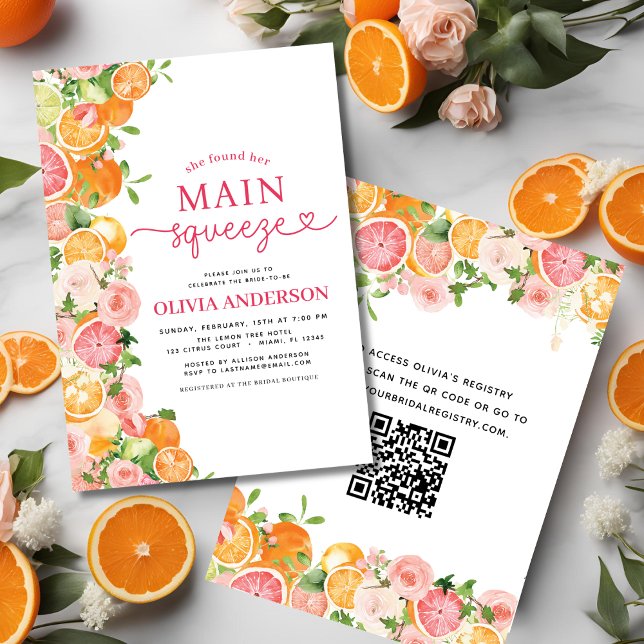 QR Code Orange Main Squeeze Citrus Bridal Shower Invitation (Creator Uploaded)