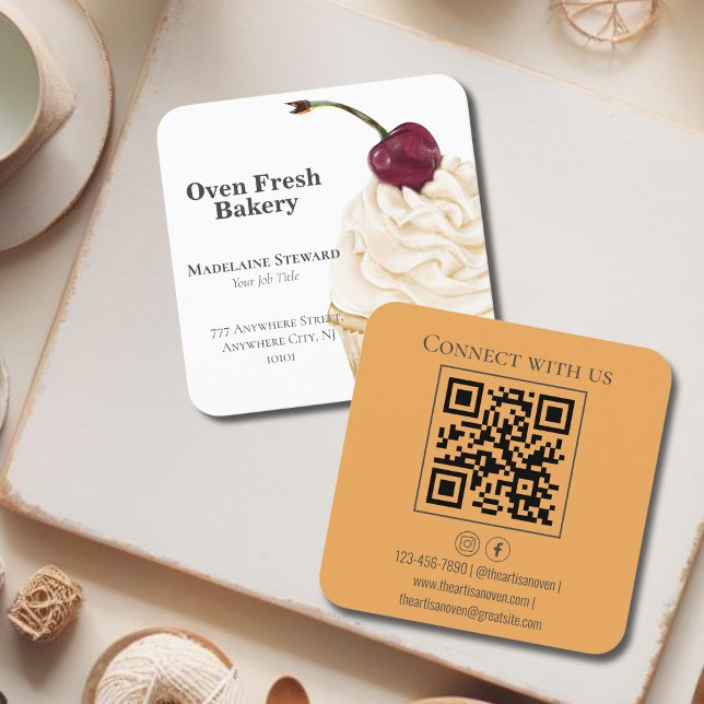 QR Code Orange White  Cupcake Bakery Square Business Card (Creator Uploaded)