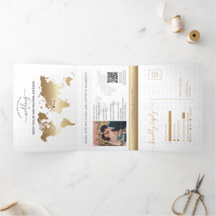 QR Code Passport Destination Wedding Gold Navy  Tri-Fold Holiday Card