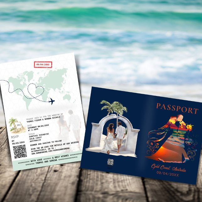 QR Code Passport Sunset Tropical Beach Wedding  Invitation (Creator Uploaded)