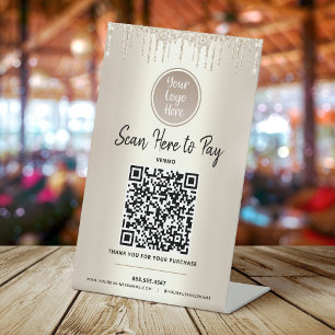 QR Code Pay Here Gold Glitter Drips Custom Logo Pedestal Sign
