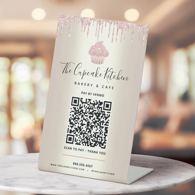 QR Code Pay Here Pink Cupcake Glitter Gold Bakery  Pedestal Sign (Creator Uploaded)