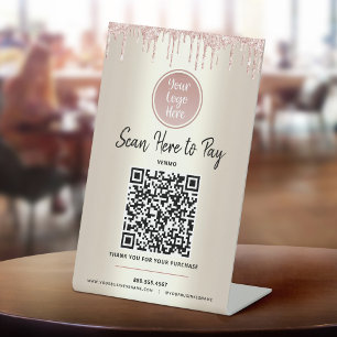 QR Code Pay Here Pink Glitter Gold Custom Logo Pedestal Sign