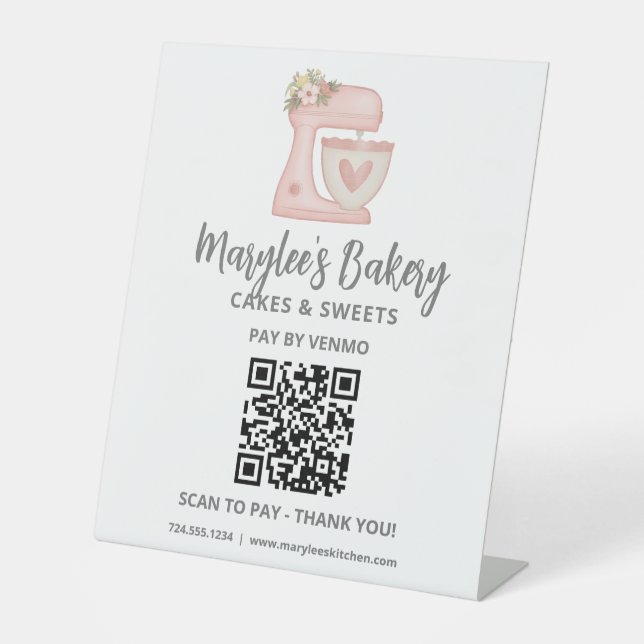 QR Code Pay Here Pink Mixer Bakery Pedestal Sign (Front)