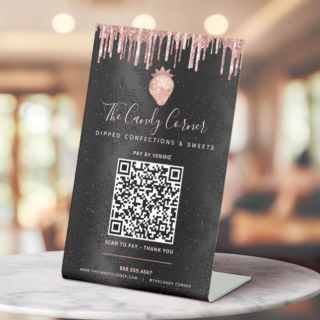 QR Code Pay Here Pink Strawberry Glitter Black Pedestal Sign (Creator Uploaded)