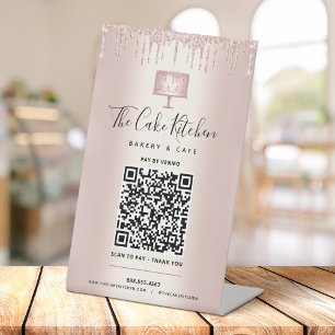QR Code Pay Here Rose Gold Cake Bakery Glitter Pedestal Sign