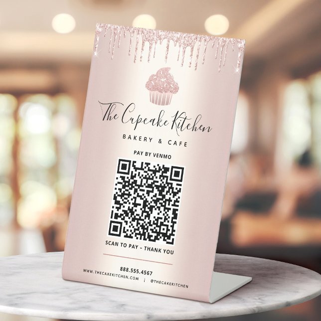 QR Code Pay Here Rose Gold Cupcake Glitter Bakery Pedestal Sign (Creator Uploaded)
