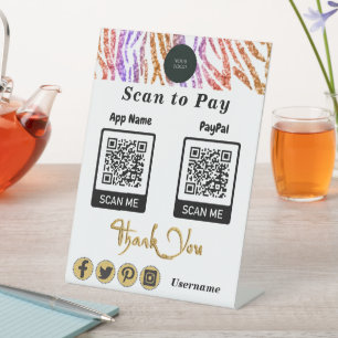 QR Code Payment Orange Glitter Zebra Stripes Pedestal Sign