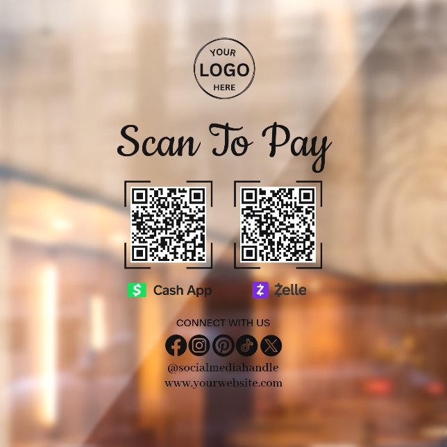 QR Code Payment Scan to Pay Zelle Cash App Logo Window Cling (Sheet 2)