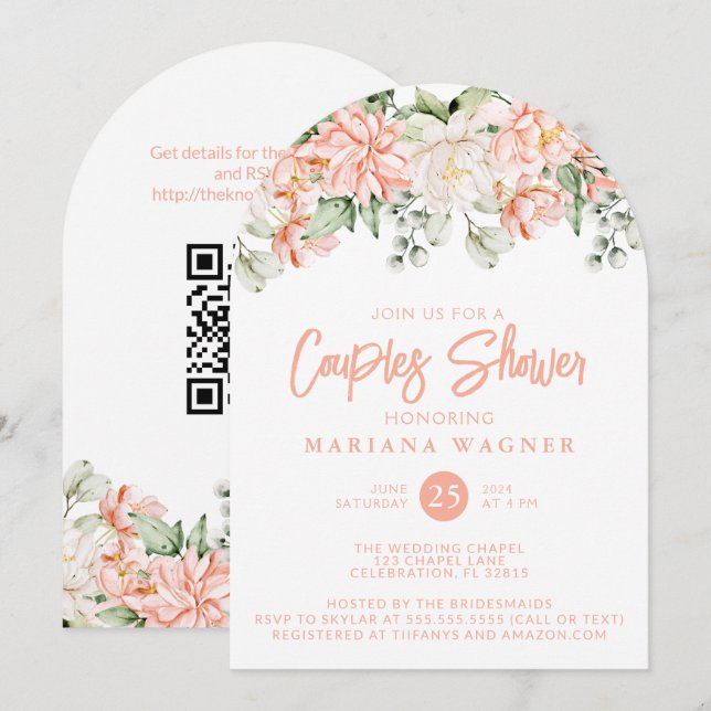 QR Code Peach Floral Couples Shower  Invitation (Front/Back)