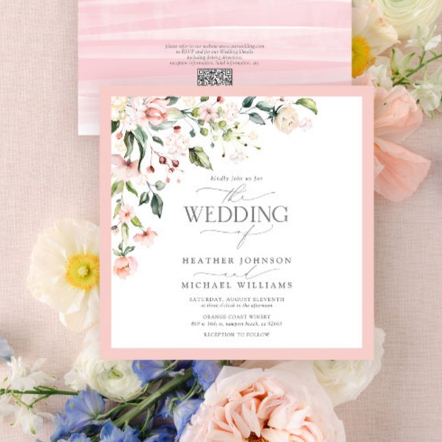 QR Code Peach Pink Watercolor Floral Wedding Invitation (Creator Uploaded)