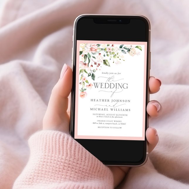 QR Code Peach Pink Watercolor Floral Wedding Invitation (Creator Uploaded)