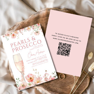 QR Code Pearls & Prosecco Blush Bridal Shower  Invitation