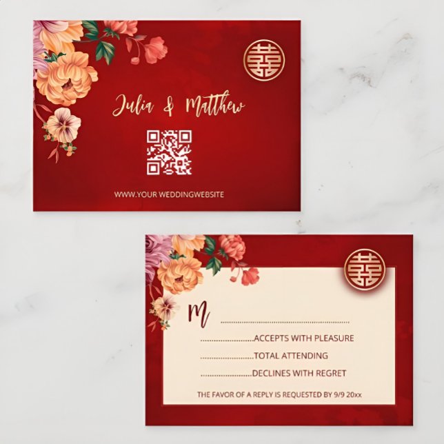 QR Code Peony Red RSVP Chinese Wedding (Creator Uploaded)