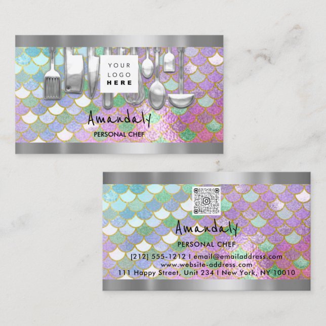QR Code Personal Chef Cooking Restaurant Mermaid Business Card (Front/Back)